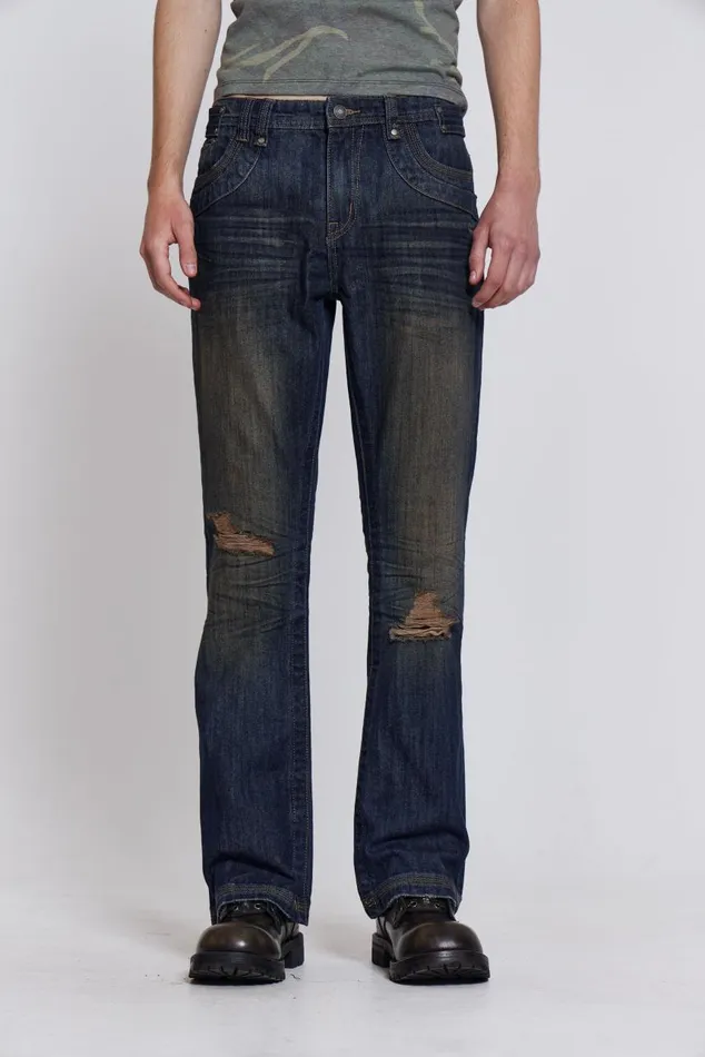Men Embroidered Indigo Slub Flared Jean Jaded London Bootcut Jeans