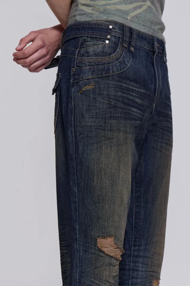 Men Embroidered Indigo Slub Flared Jean Jaded London Bootcut Jeans