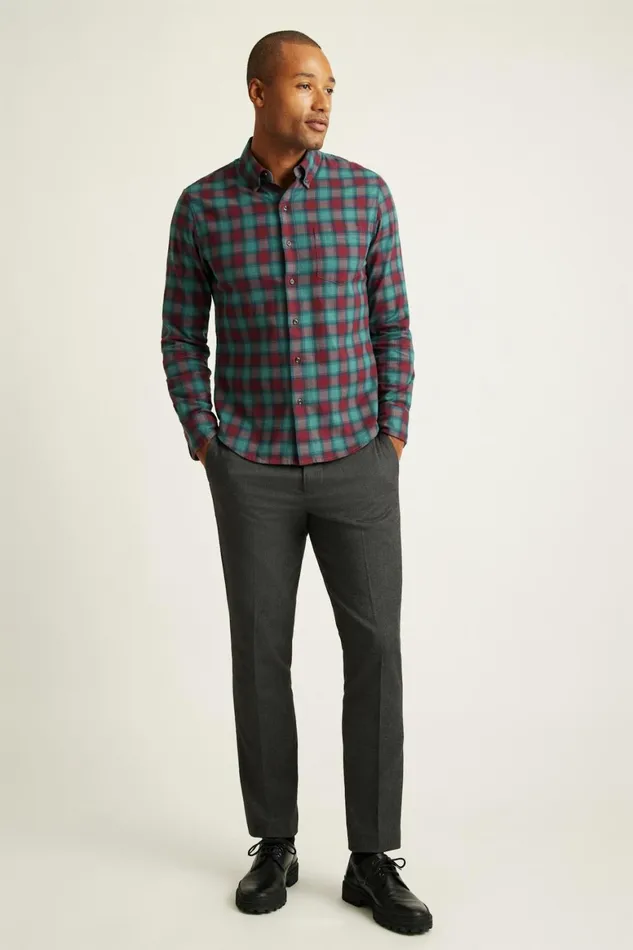 Men Everyday Lightweight Flannel Shirt Burgundy Sage Plaid Bonobos Casual Shirts