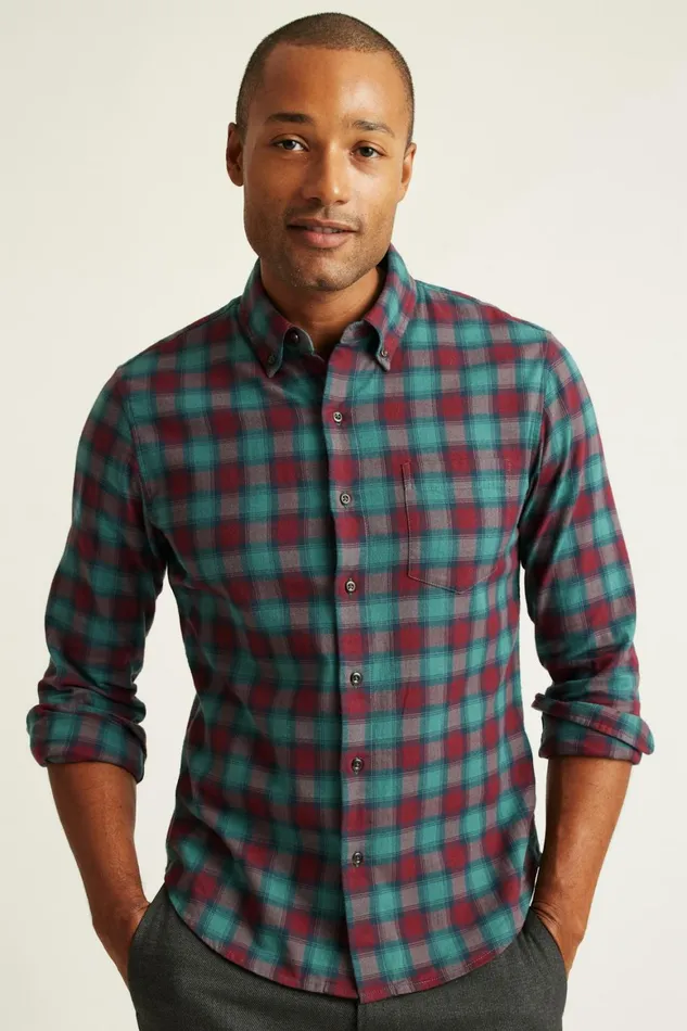 Men Everyday Lightweight Flannel Shirt Burgundy Sage Plaid Bonobos Casual Shirts