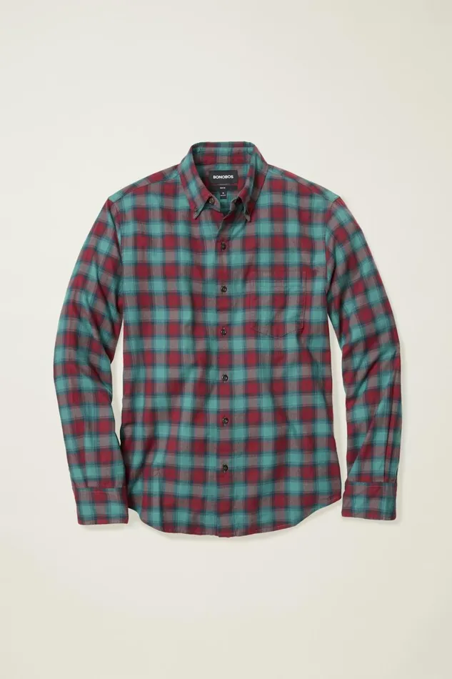 Men Everyday Lightweight Flannel Shirt Burgundy Sage Plaid Bonobos Casual Shirts