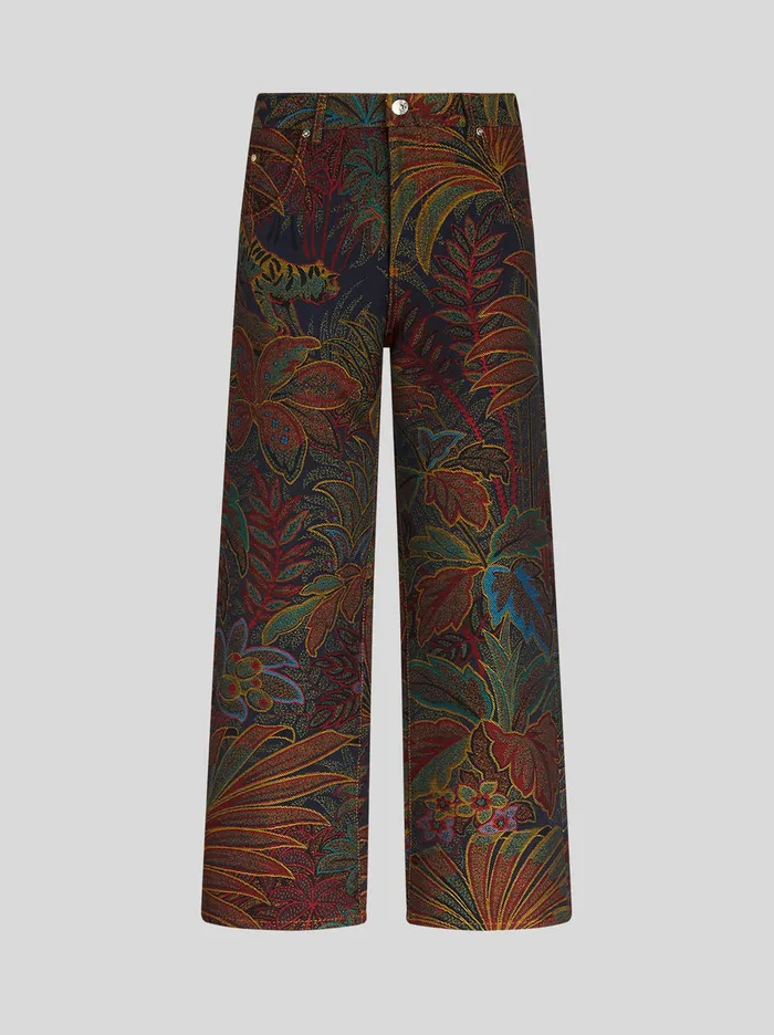 Men Jacquard Jeans With Foliage Pattern Etro Trousers