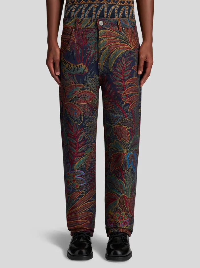 Men Jacquard Jeans With Foliage Pattern Etro Trousers