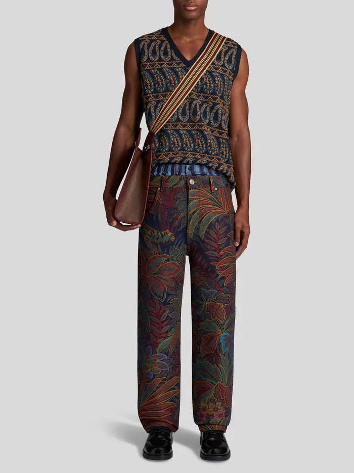Men Jacquard Jeans With Foliage Pattern Etro Trousers