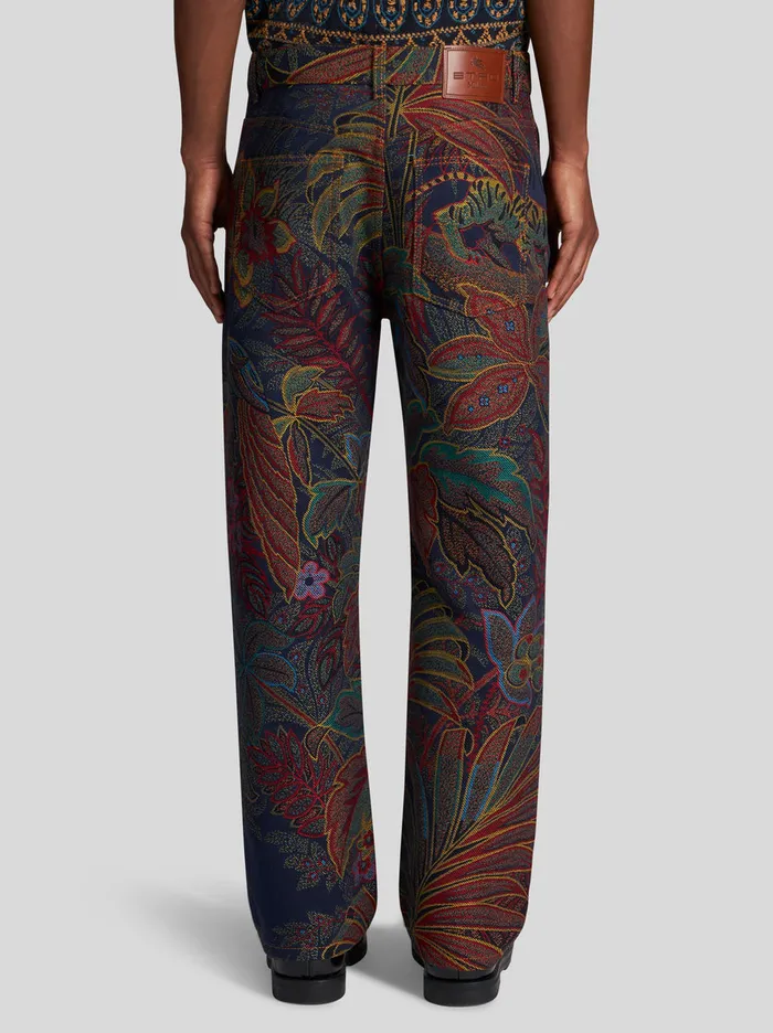 Men Jacquard Jeans With Foliage Pattern Etro Trousers