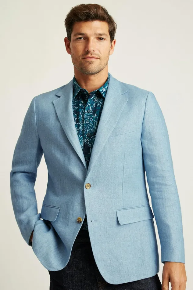 Men Jetsetter Unconstructed Italian Blazer Light Blue Herringbone Bonobos Blazers and Sport Coats