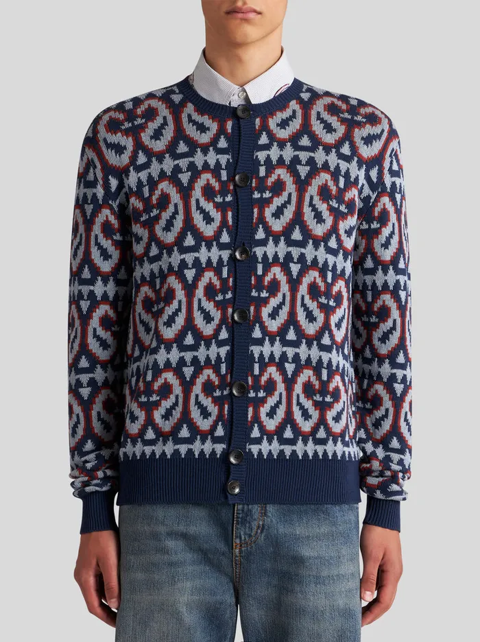 Men Paisley Wool And Cotton Jacquard Cardigan Etro Knitwear