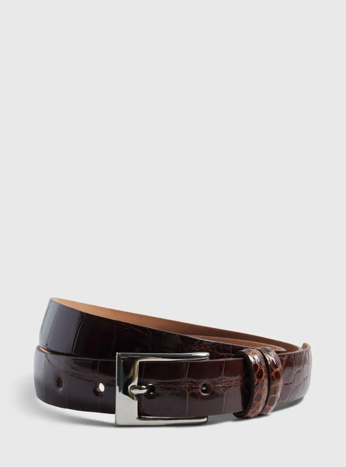 Men Paul Stuart Belts Alligator Belt With Silver Buckle Cognac