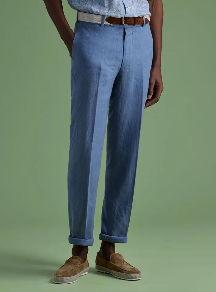 Men Paul Stuart Dress Pants Soft Linen Canvas Dress Trouser Corn Flower Blue