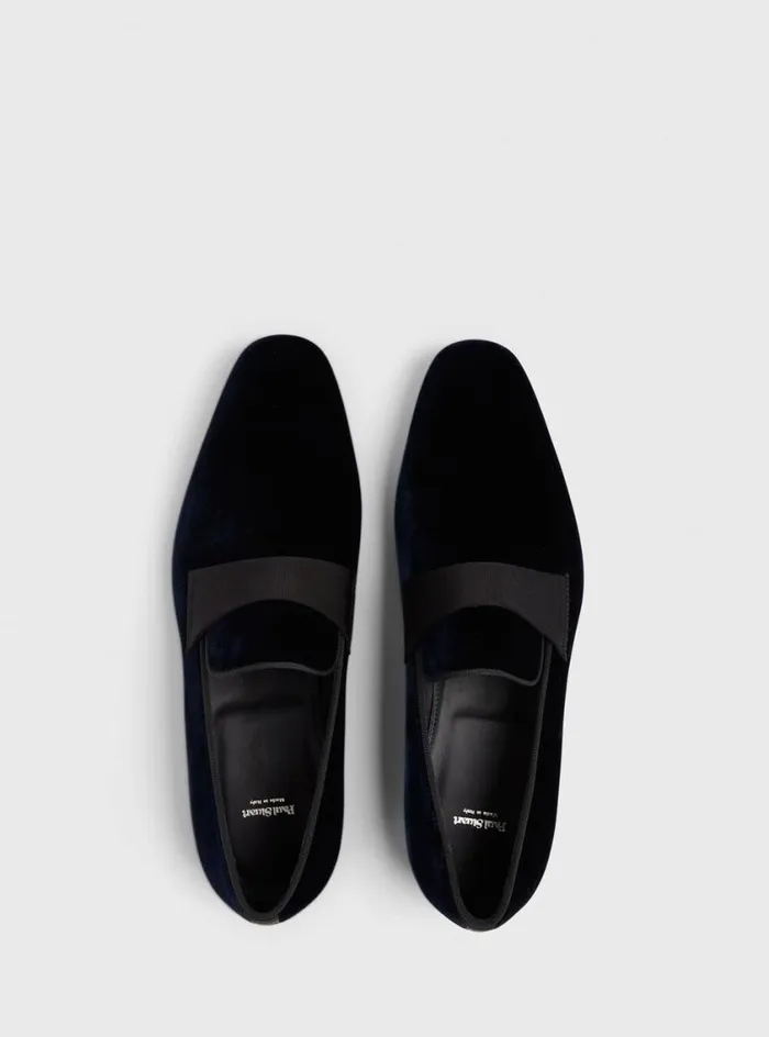 Men Paul Stuart Evening Heron Patent Leather Formal SlipOn Blue Velvet