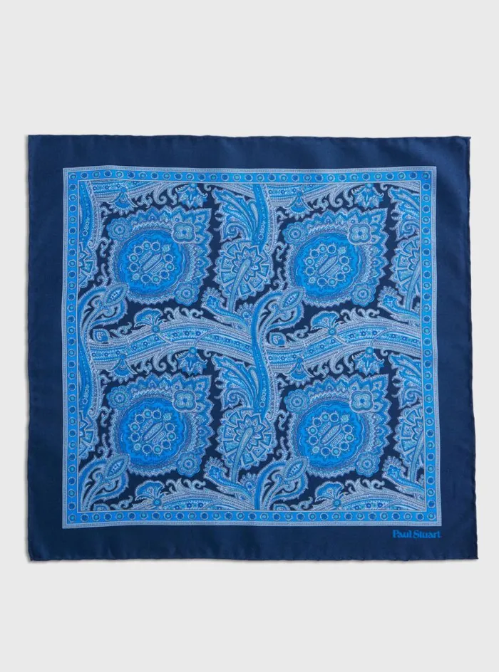 Men Paul Stuart Pocket Squares Printed Habotai Silk Paisley Pocket Square Indigo