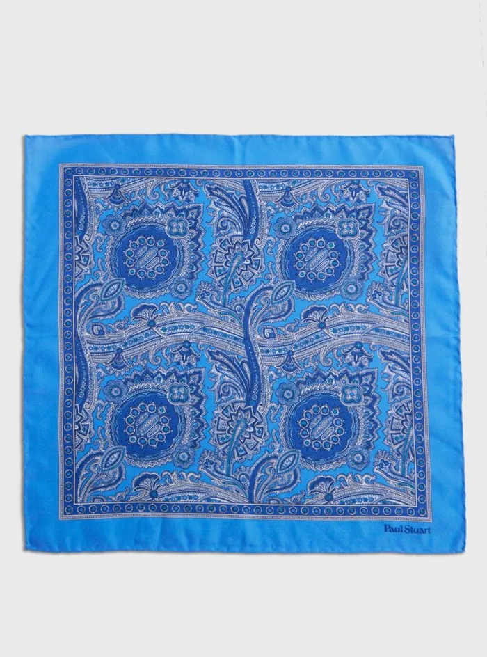 Men Paul Stuart Pocket Squares Printed Habotai Silk Paisley Pocket Square Light Blue