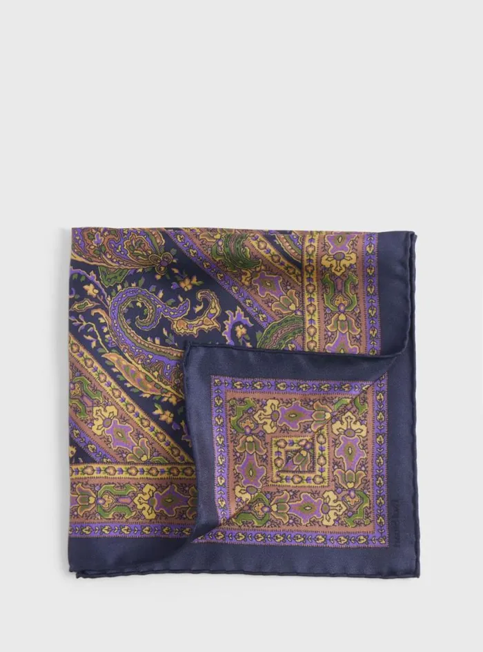 Men Paul Stuart Pocket Squares Silk Paisley Pocket Square Navy