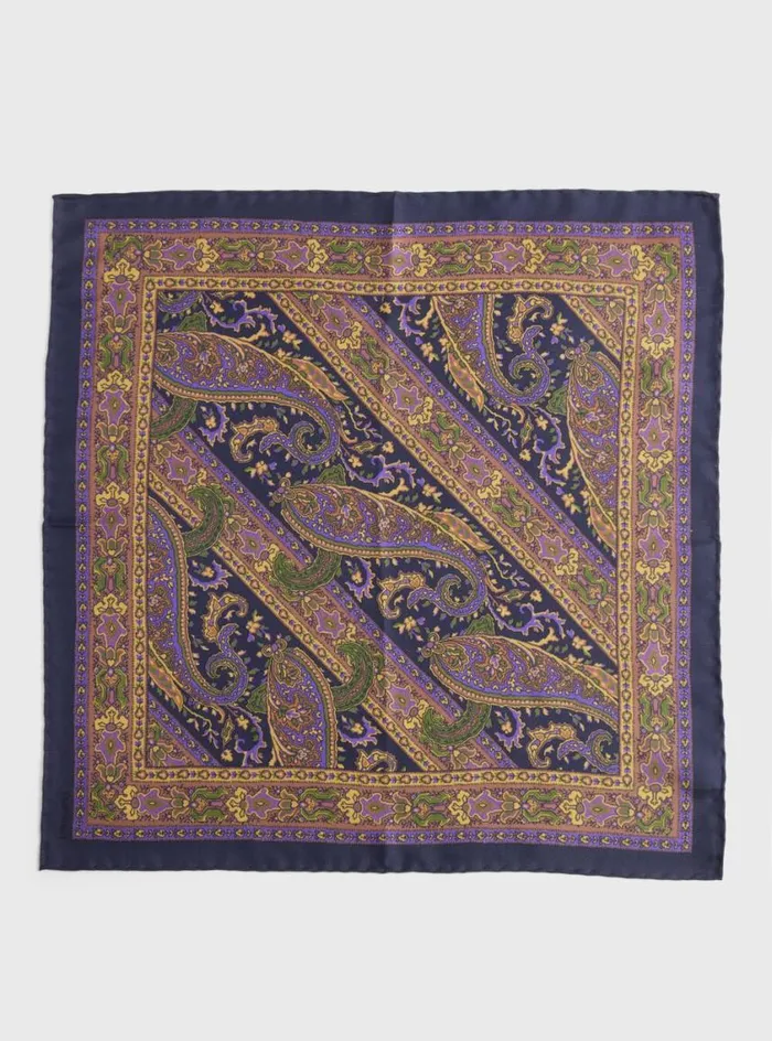 Men Paul Stuart Pocket Squares Silk Paisley Pocket Square Navy