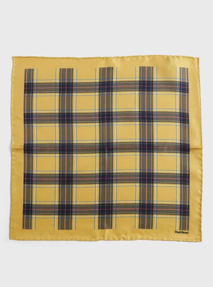 Men Paul Stuart Pocket Squares Silk Plaid Print Pocket Square Gold
