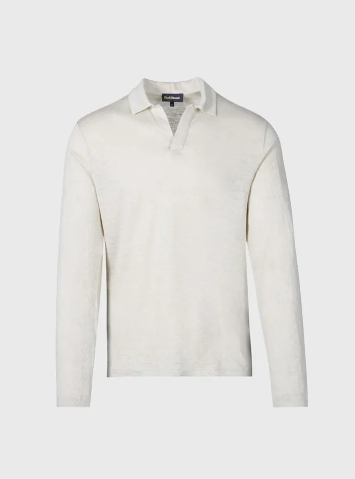 Men Paul Stuart Polos and TShirts Long Sleeve Linen Polo Oatmeal