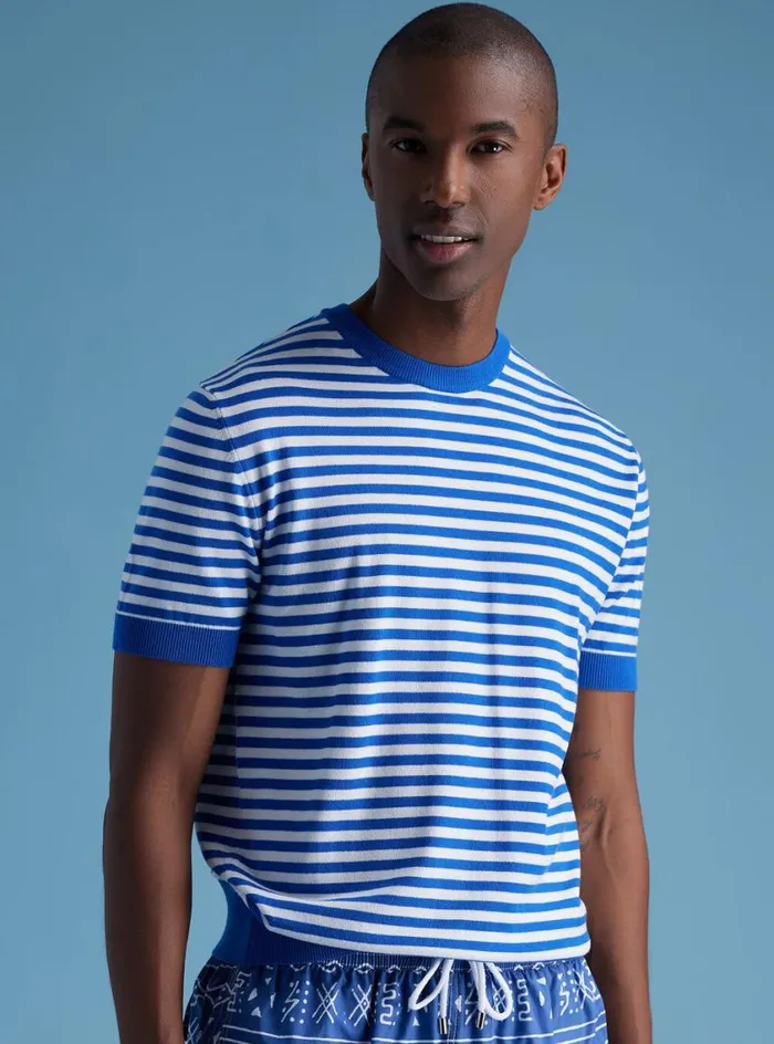 Men Paul Stuart Polos and TShirts Stripe Knit Short Sleeve Crewneck Bluewhite