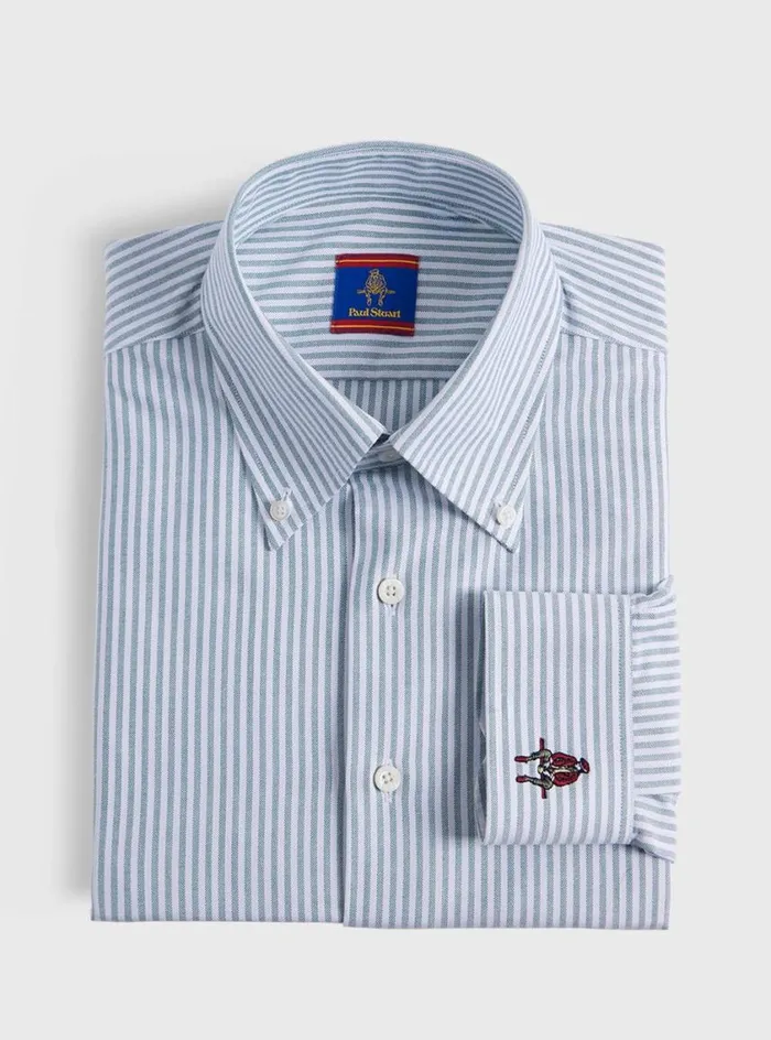 Men Paul Stuart Sport Shirts Cotton Oxford Stripe Sport Shirt Green