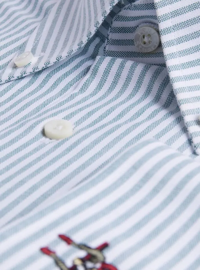 Men Paul Stuart Sport Shirts Cotton Oxford Stripe Sport Shirt Green