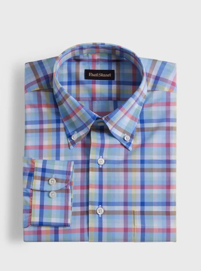 Men Paul Stuart Sport Shirts Cotton Plaid Sport Shirt Light Bluemulti