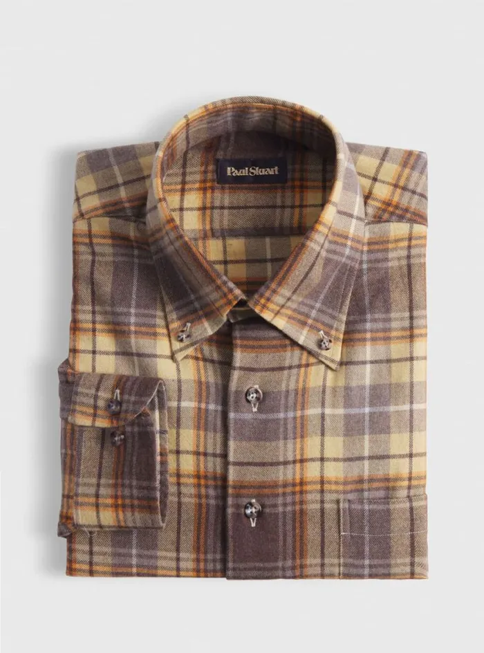 Men Paul Stuart Sport Shirts Flannel Plaid Sport Shirt Brownyellow