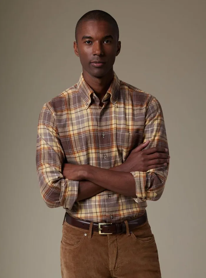 Men Paul Stuart Sport Shirts Flannel Plaid Sport Shirt Brownyellow