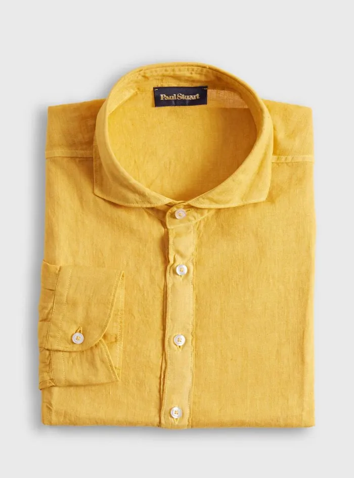 Men Paul Stuart Sport Shirts Linen Half Placket Sport Shirt Yellow
