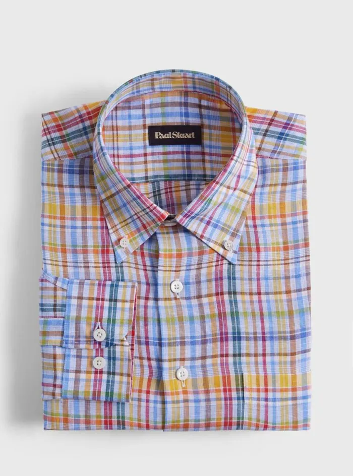 Men Paul Stuart Sport Shirts Linen Multicolor Plaid Sport Shirt Yellowred