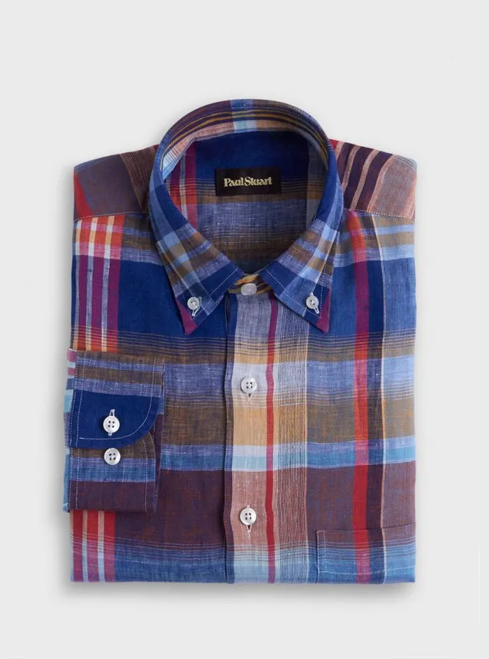 Men Paul Stuart Sport Shirts Linen Plaid Sport Shirt Bluepink