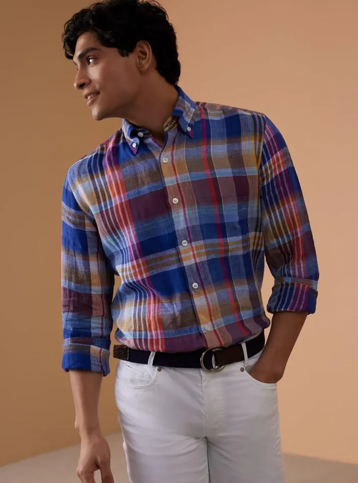 Men Paul Stuart Sport Shirts Linen Plaid Sport Shirt Bluepink