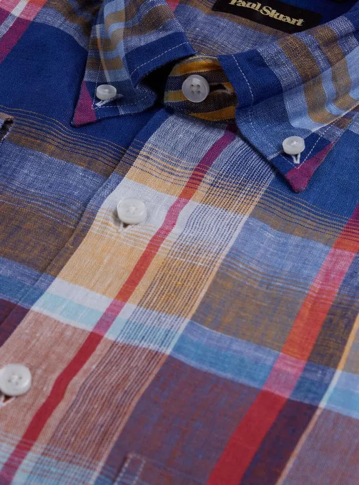 Men Paul Stuart Sport Shirts Linen Plaid Sport Shirt Bluepink