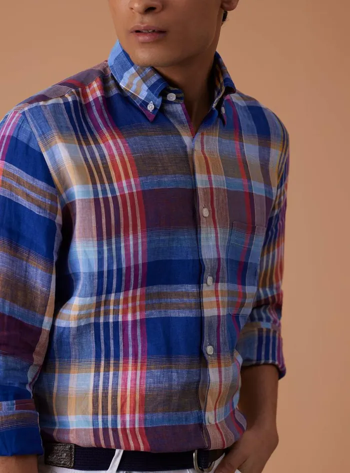 Men Paul Stuart Sport Shirts Linen Plaid Sport Shirt Bluepink