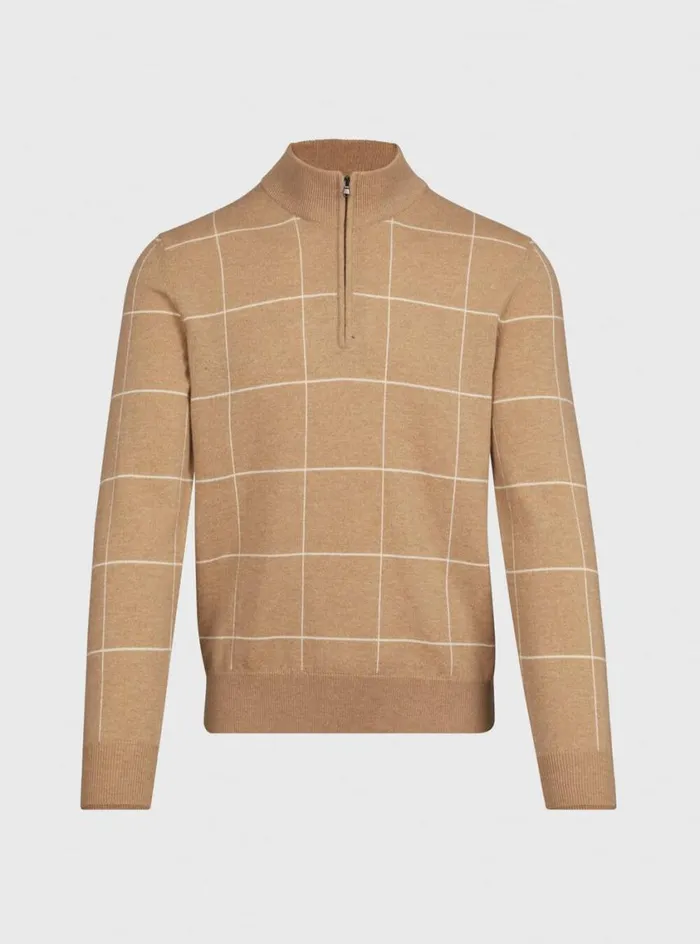 Men Paul Stuart Sweaters 14 Cashmere Zip Windowpane Sweater Camel