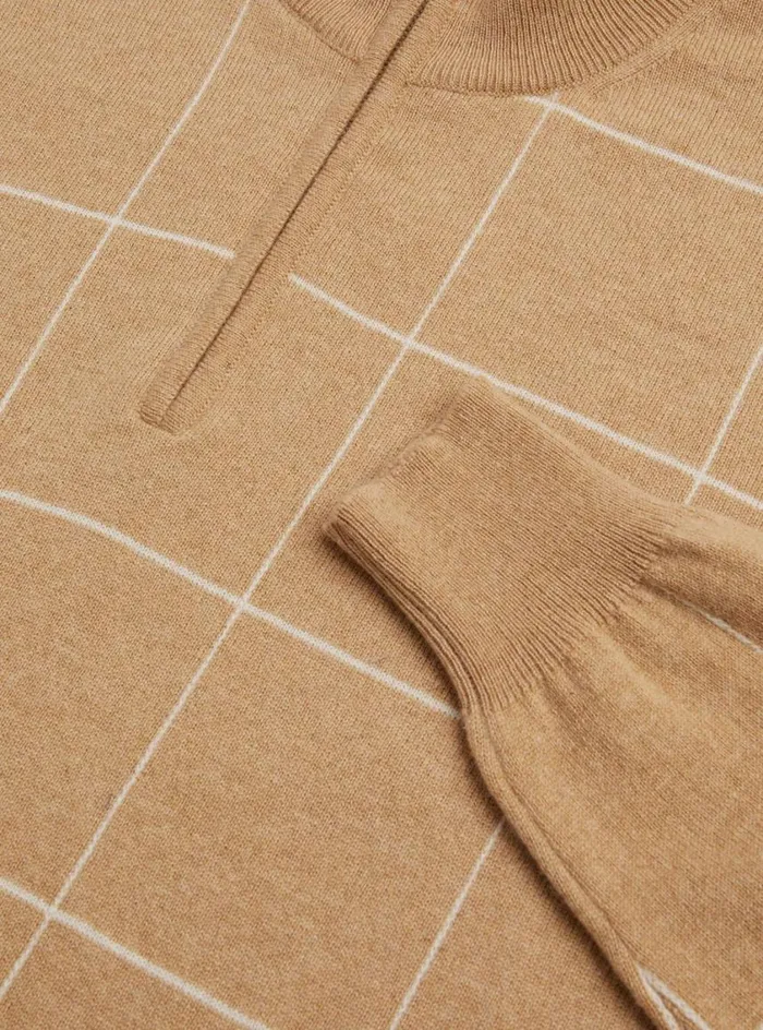 Men Paul Stuart Sweaters 14 Cashmere Zip Windowpane Sweater Camel