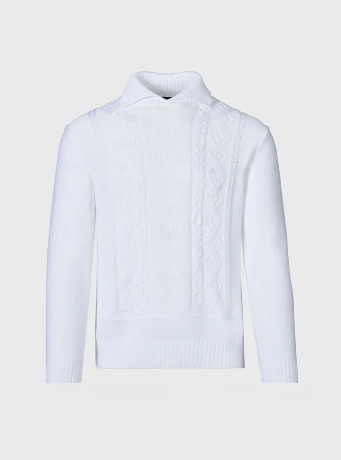 Men Paul Stuart Sweaters Aran Cable Mock Neck Cotton Sweater White