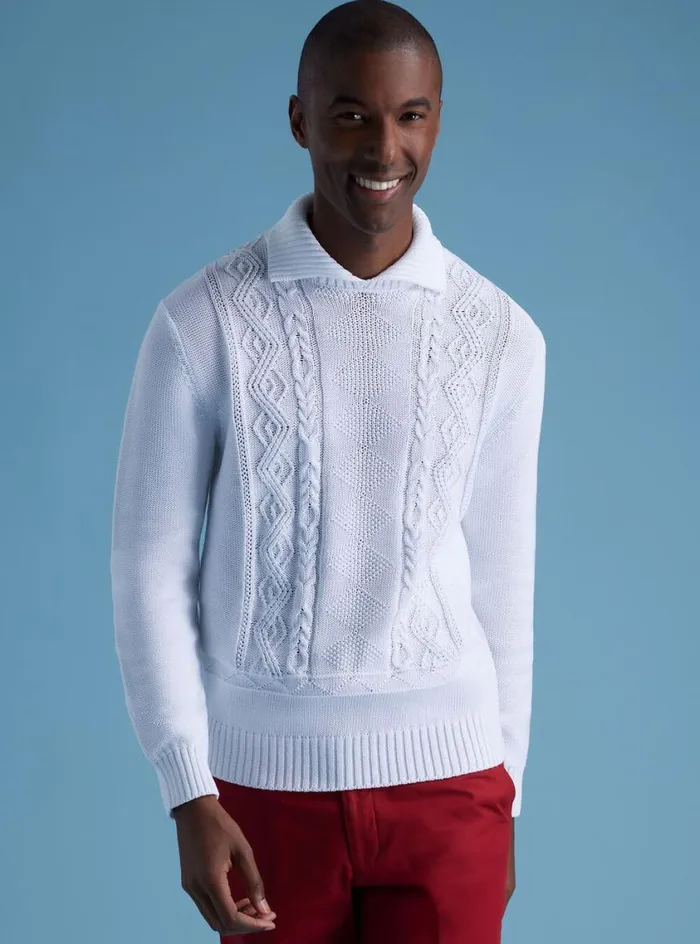 Men Paul Stuart Sweaters Aran Cable Mock Neck Cotton Sweater White