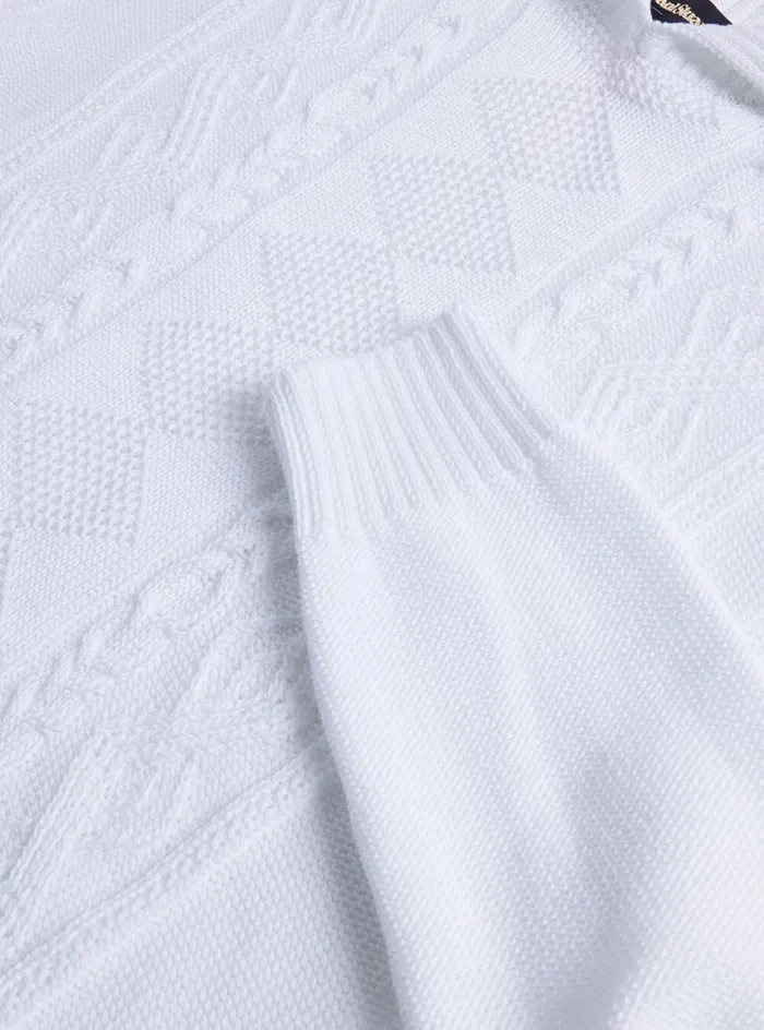 Men Paul Stuart Sweaters Aran Cable Mock Neck Cotton Sweater White