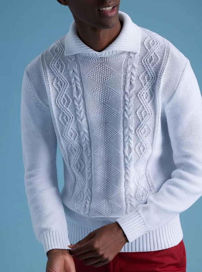 Men Paul Stuart Sweaters Aran Cable Mock Neck Cotton Sweater White