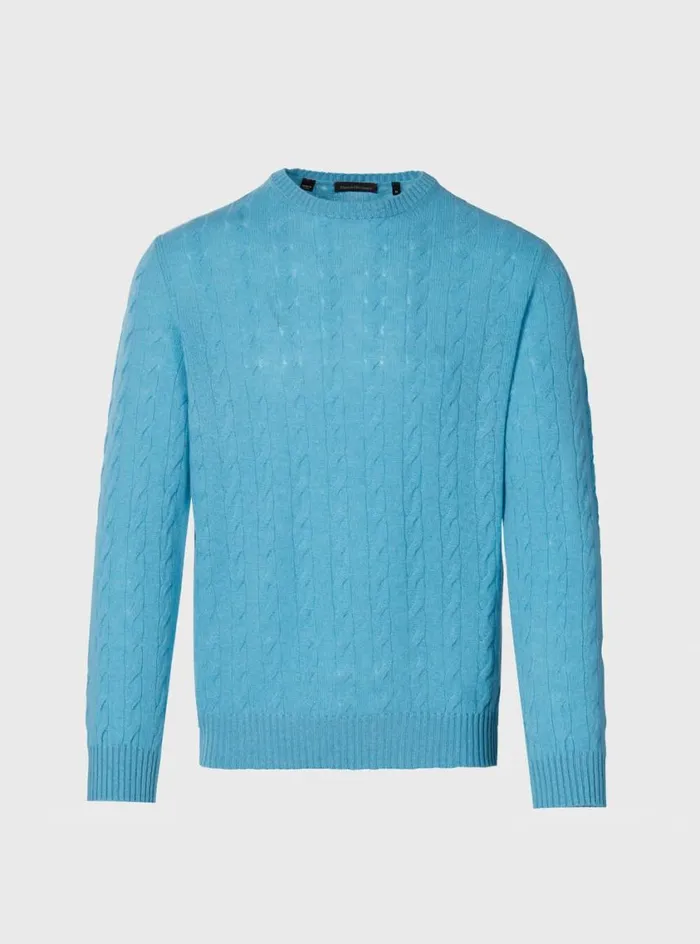 Men Paul Stuart Sweaters Cashmere Cable Crewneck Sweater Turquoise