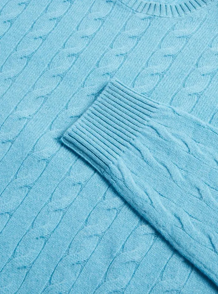 Men Paul Stuart Sweaters Cashmere Cable Crewneck Sweater Turquoise