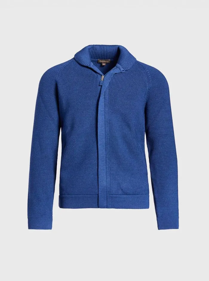 Men Paul Stuart Sweaters Merino Wool Ribbed Full Zip Cardigan Med Blue