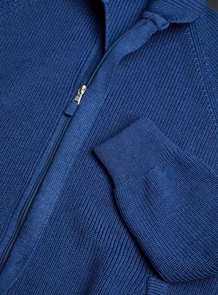 Men Paul Stuart Sweaters Merino Wool Ribbed Full Zip Cardigan Med Blue