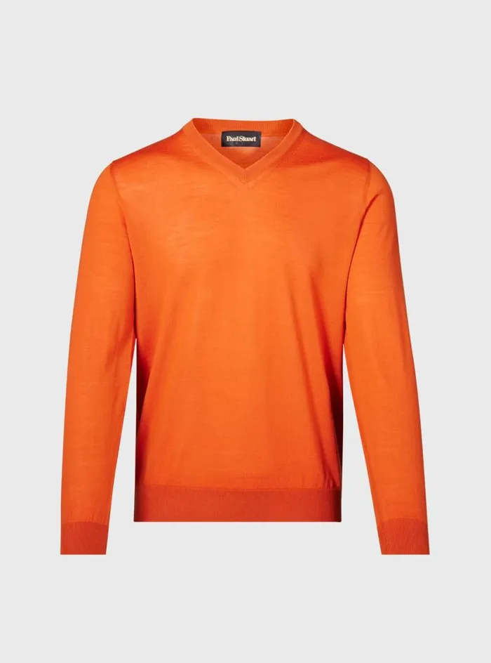 Men Paul Stuart Sweaters Merino Wool Vneck Sweater Orange