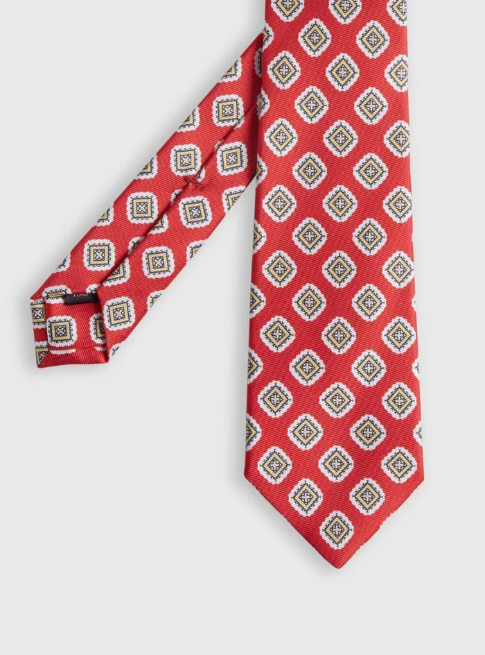 Men Paul Stuart Ties Printed Silk Large Square Medallion Tie Red