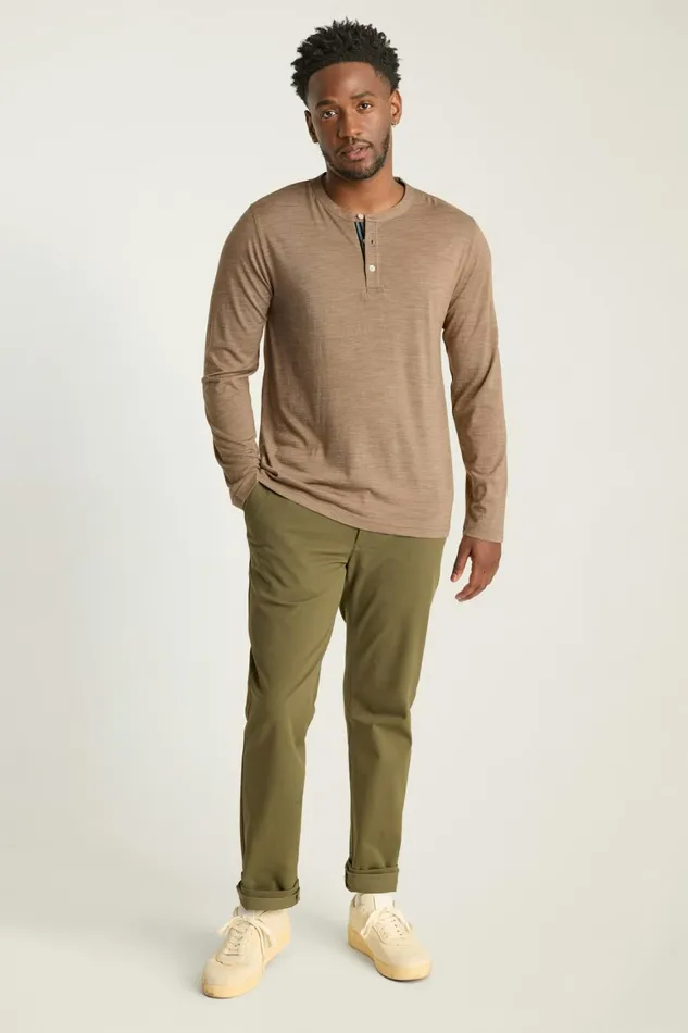 Men Performance Merino Long Sleeve Henley Khaki Brown Bonobos Henleys