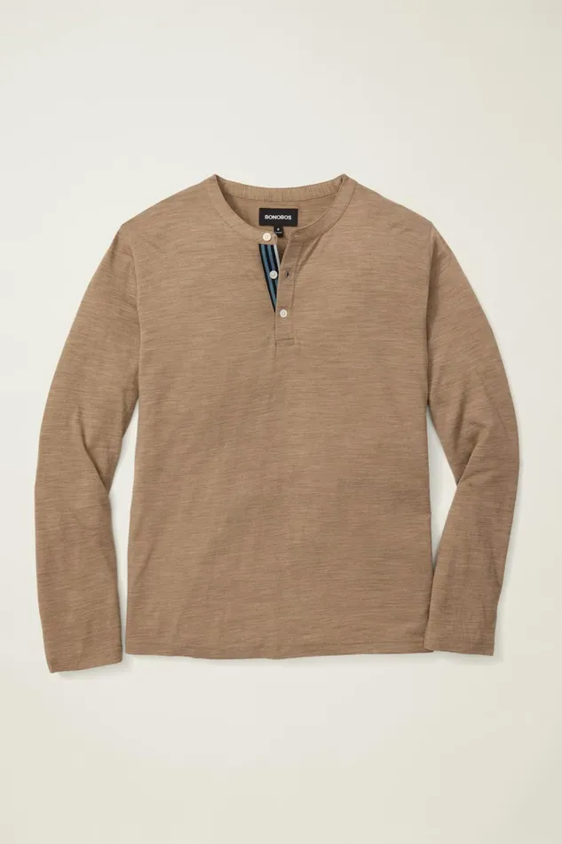 Men Performance Merino Long Sleeve Henley Khaki Brown Bonobos Henleys