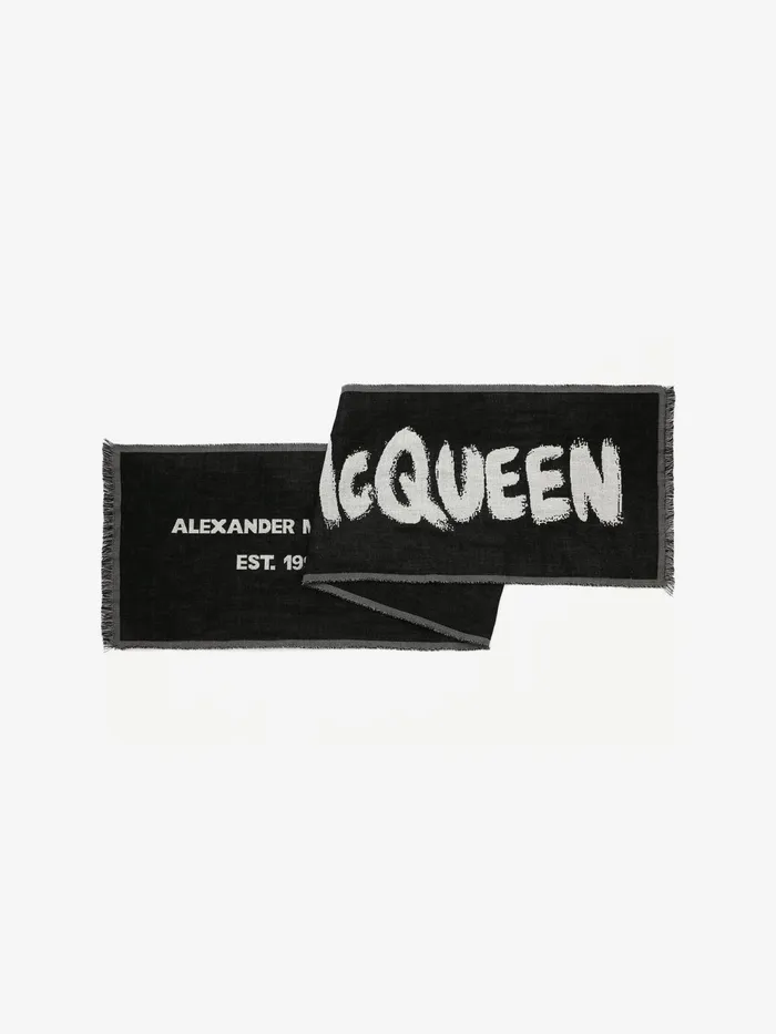 Men Scarves Alexander McQueen Oversize Mcqueen Graffiti Scarf Blackivory