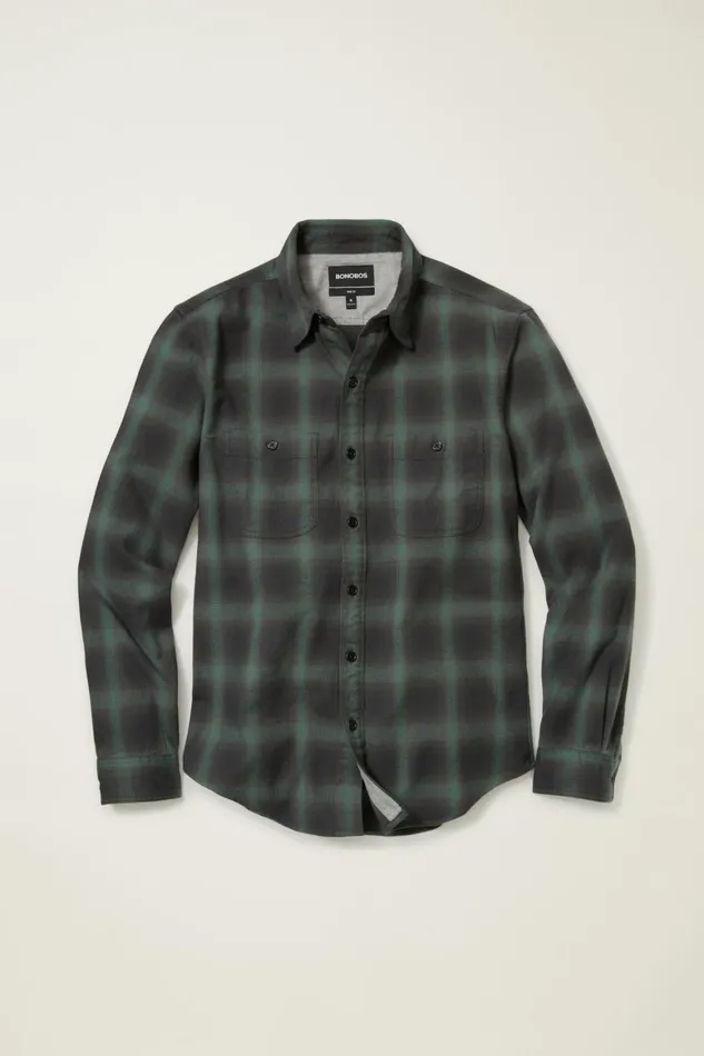 Men Stretch Flannel Shirt Green Black Plaid Bonobos Casual Shirts
