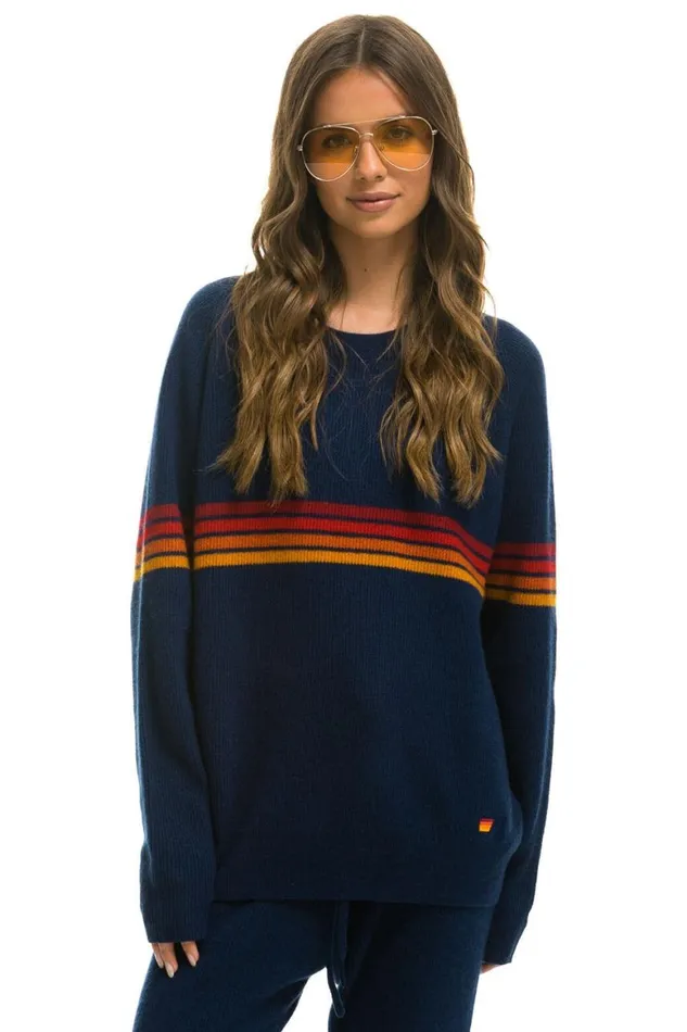 Men Sweatshirts Aviator Nation Rainbow Stripe 4 Unisex Cashmere Sweater 8211 Midnight