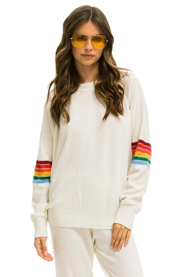 Men Sweatshirts Aviator Nation Rainbow Stripe Sleeve Unisex Cashmere Light Sweater 8211 Vintage White